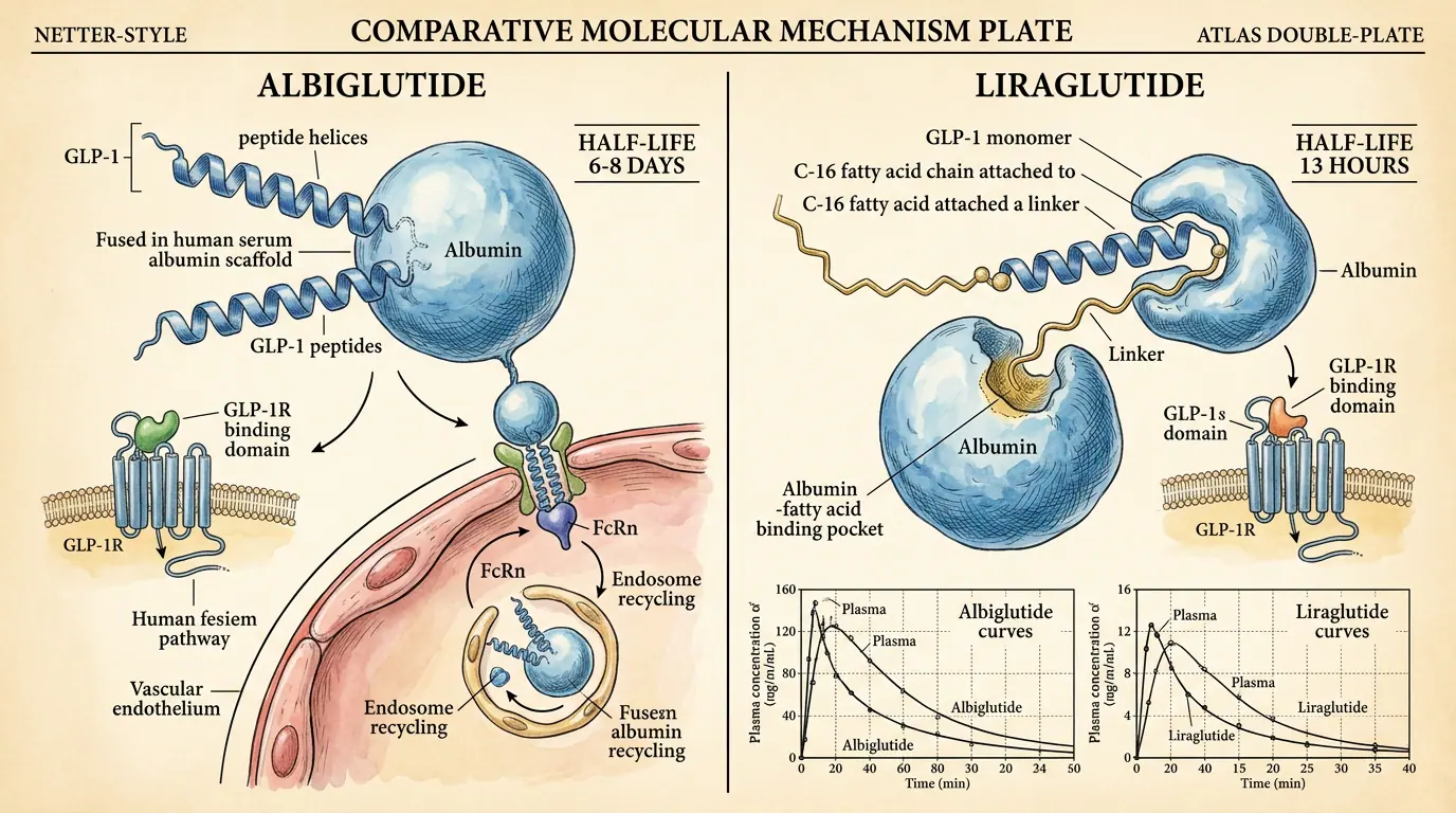 Albiglutide vs liraglutide (historical comparison). Illustration showing Albumin-fused albiglutide (withdrawn) illustrated weekly vs daily PK strategies.