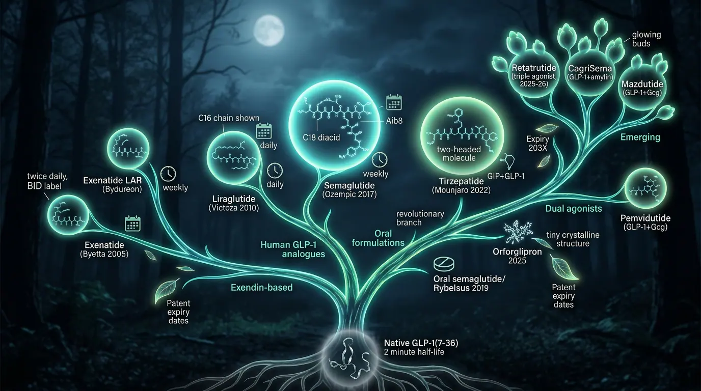 Incretin therapeutic evolution. Illustration showing Phylogeny-inspired view of drug class relationships.