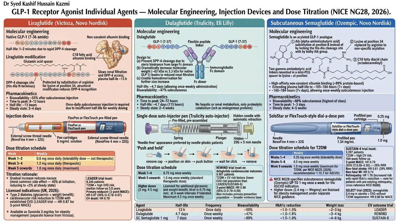 Individual GLP-1 receptor agonists. Illustration showing Structural classes from exendin-4 derivatives to acylated human GLP-1 analogues.