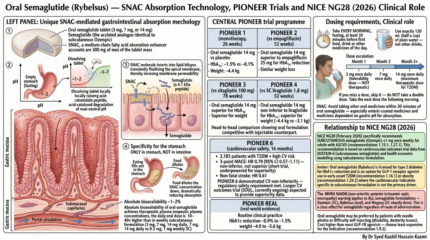 Oral semaglutide — SNAC absorption enhancer. Illustration showing Sodium N-(8-[2-hydroxybenzoyl] amino) caprylate facilitates gastric transcellular absorption.