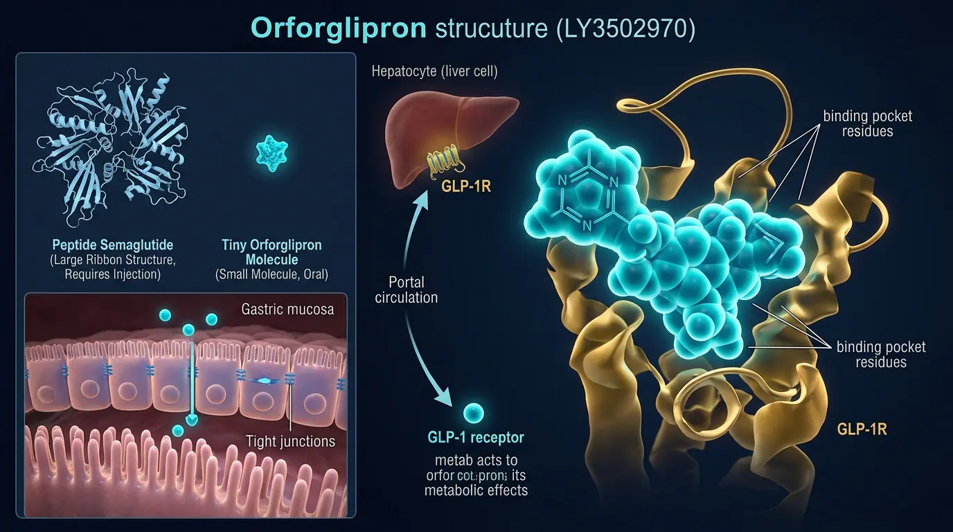 Orforglipron — oral small-molecule GLP-1R agonist. Illustration showing Non-peptide oral agent in Phase 3 (no cold chain, no injection).