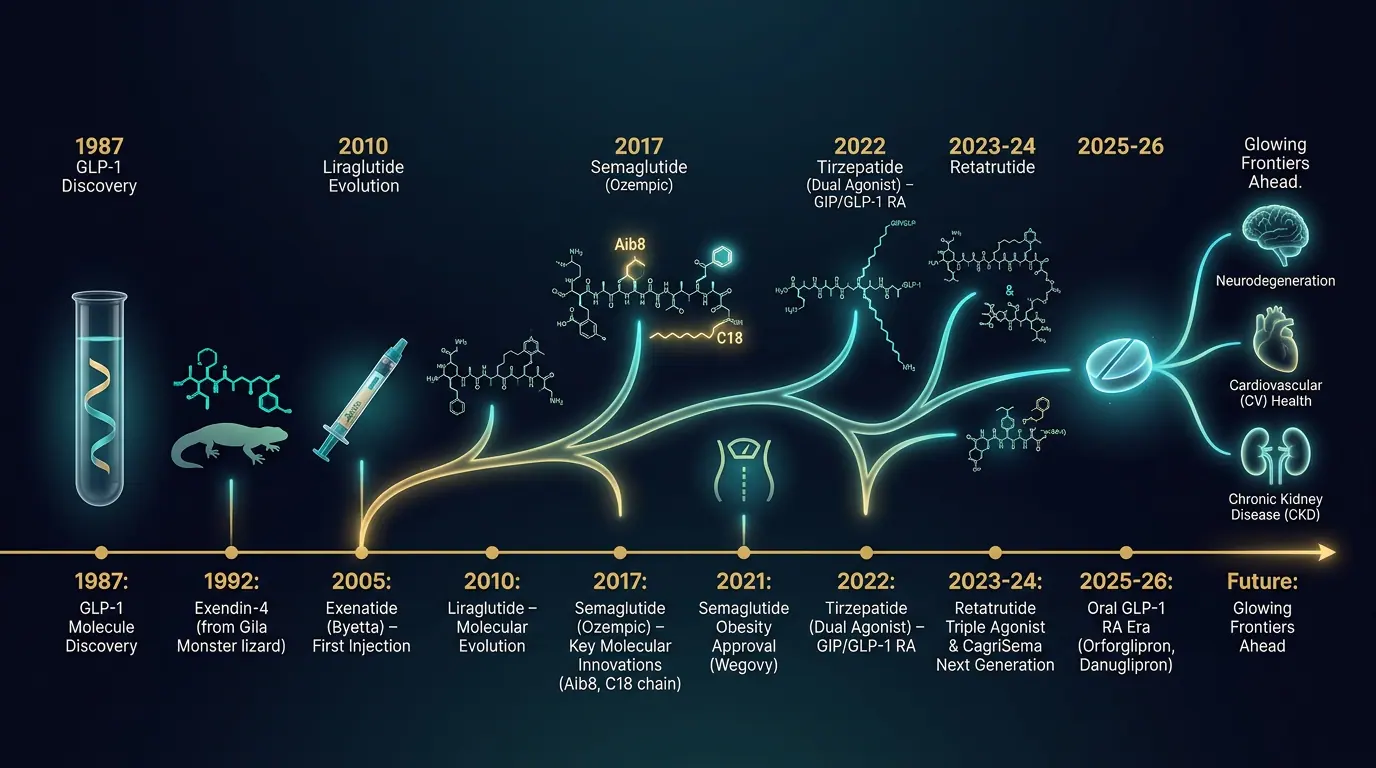 GLP-1 development timeline. Illustration showing Evolution from exenatide (2005) to multi-agonists and oral peptides (2020s).