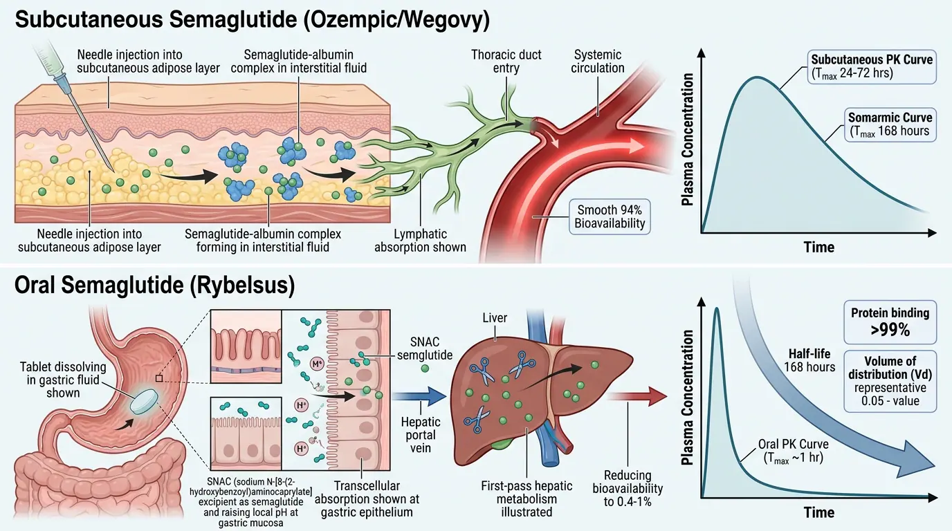 Pharmacokinetic journey — absorption to elimination. Illustration showing How formulation design shapes half-life and dosing frequency.