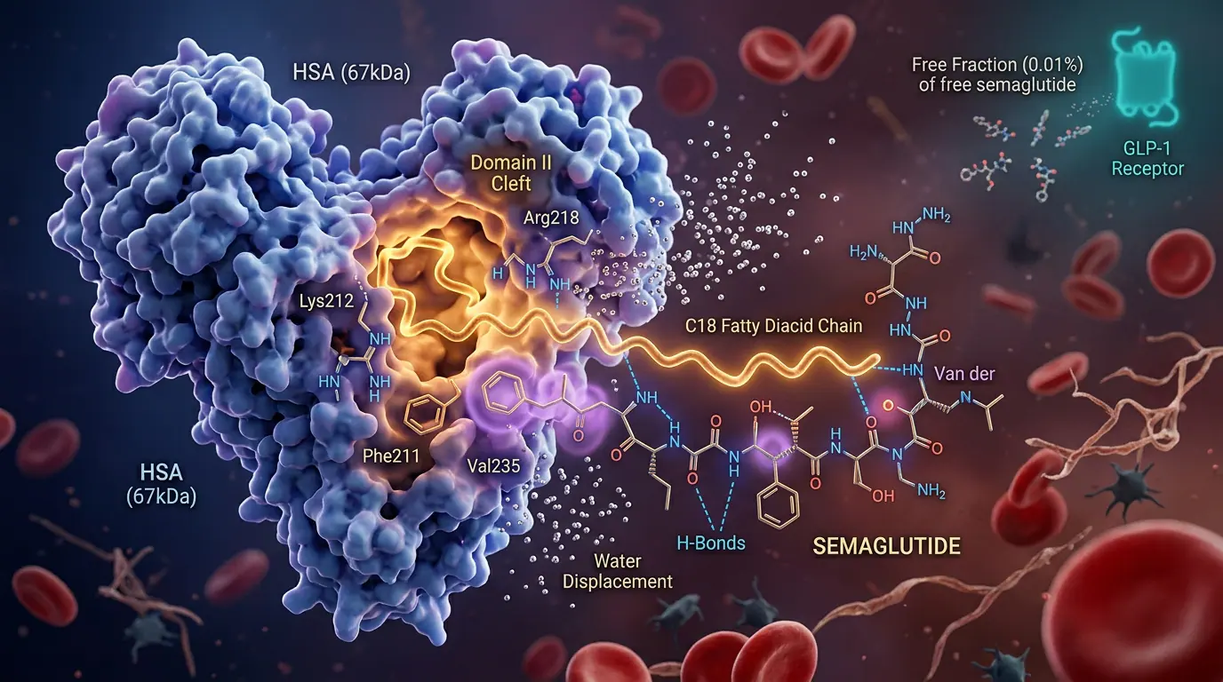 Semaglutide albumin binding (C18 fatty diacid). Illustration showing Albumin association prolongs circulation and enables weekly dosing.