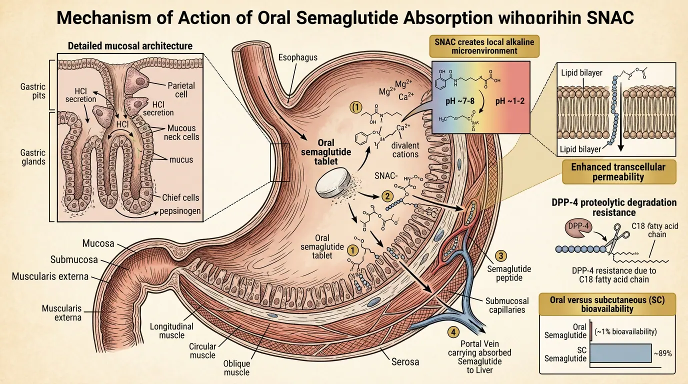SNAC-mediated absorption pathway. Illustration showing Local gastric environment enables oral peptide bioavailability.