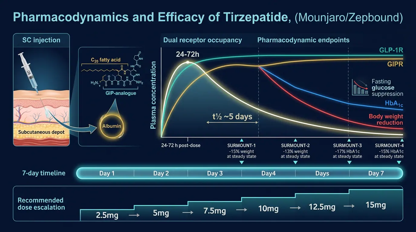 Tirzepatide pharmacodynamics. Illustration showing Dual incretin agonism with dose-dependent weight and HbA1c effects.