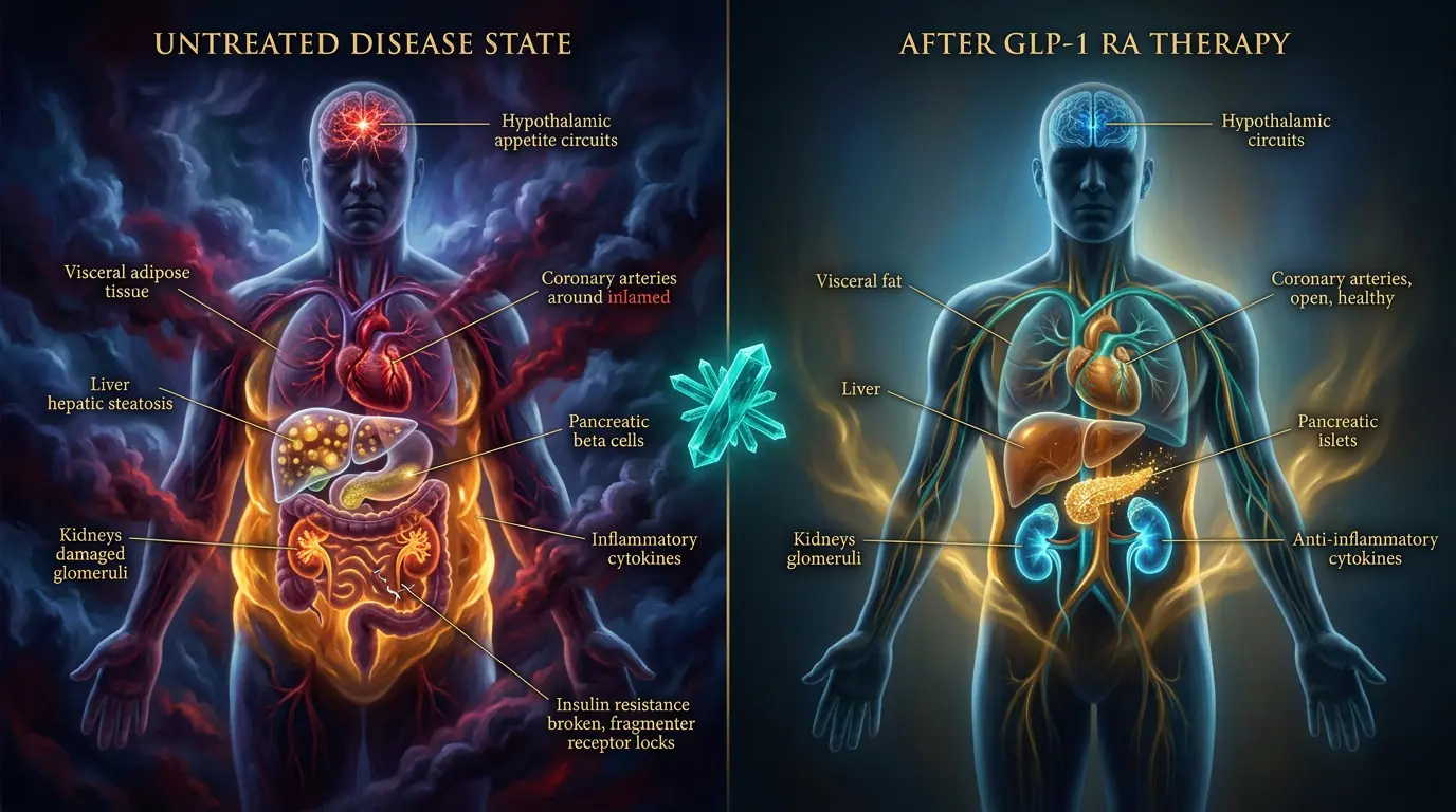 Body composition before and after therapy. Illustration showing Weight loss magnitude with high-dose GLP-1 / tirzepatide.