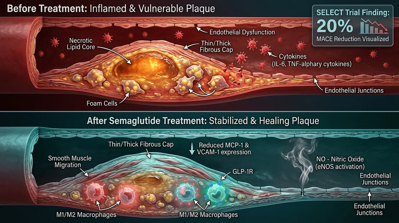Coronary artery cross-section — atherosclerosis. Illustration showing Vascular substrate targeted by cardiometabolic risk reduction.