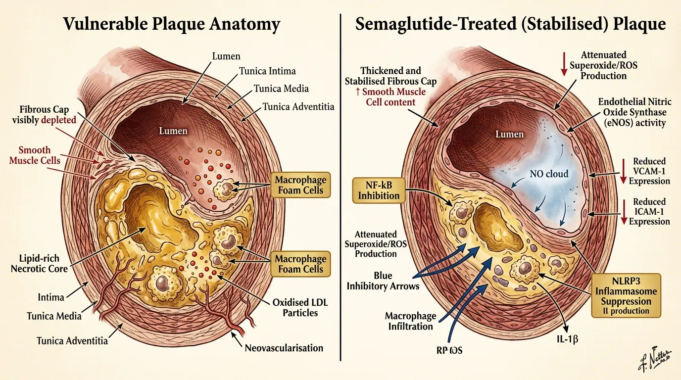 Coronary pathology — semaglutide trial context. Illustration showing Visual link between trial endpoints and coronary disease.