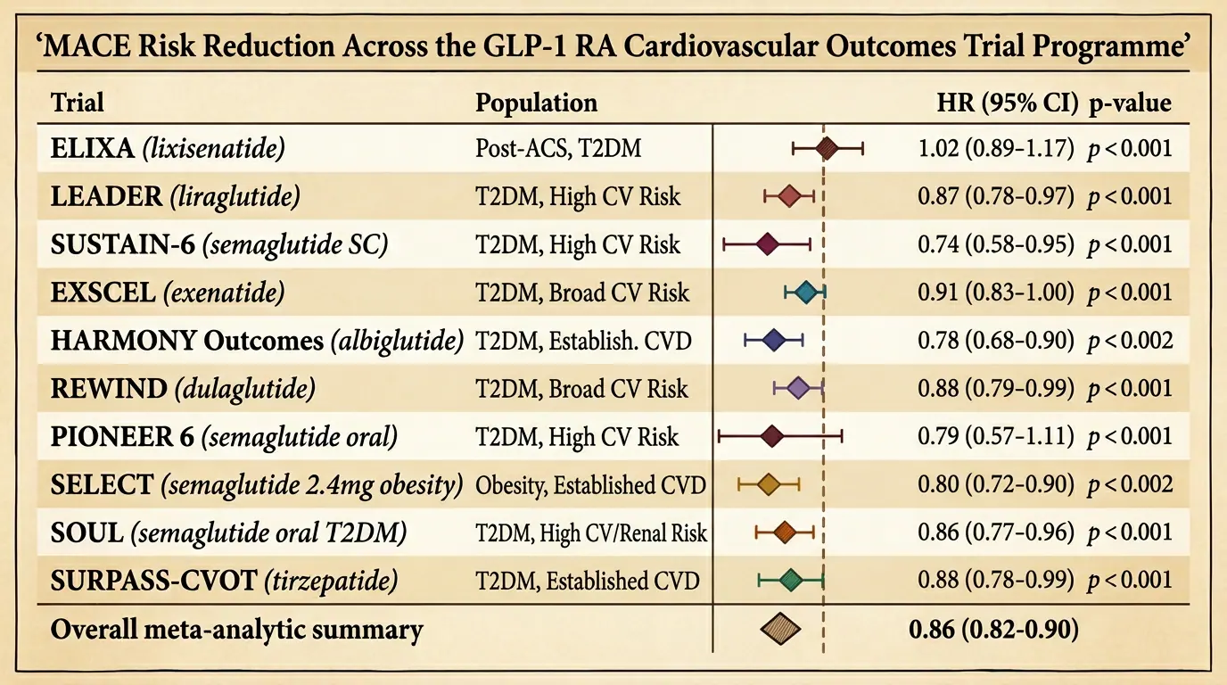 CVOT forest plots — MACE reduction. Illustration showing Meta-visualisation of cardiovascular outcome trial hazard ratios.