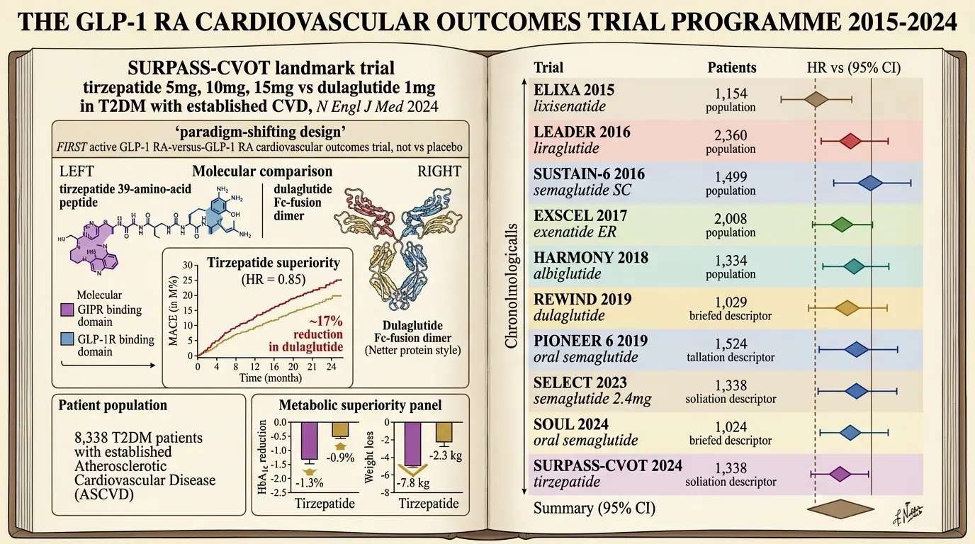 GLP-1 RA cardiovascular outcomes summary. Illustration showing Integrated view of MACE, HF, and stroke endpoints across trials.