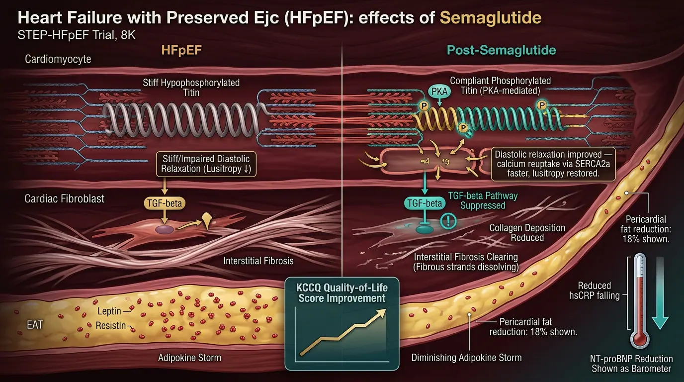 HFpEF mechanism — semaglutide. Illustration showing Weight loss and decongestion improve HFpEF symptoms.