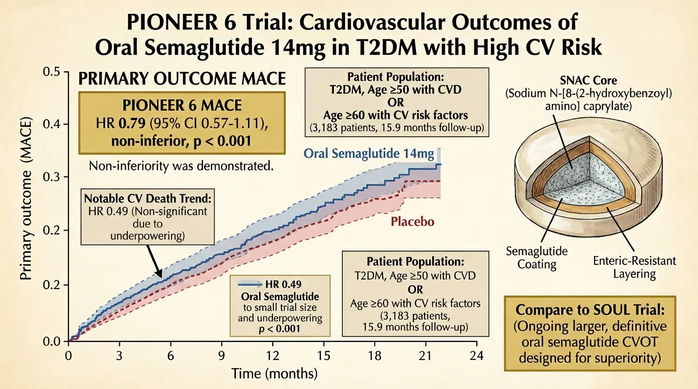 PIONEER programme — oral semaglutide outcomes. Illustration showing Oral semaglutide achieves HbA1c lowering comparable to subcutaneous in T2DM.