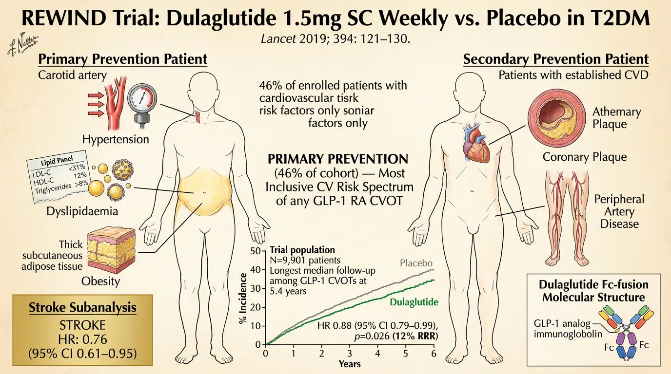 REWIND — dulaglutide CV outcomes. Illustration showing Weekly dulaglutide reduced MACE in broad T2DM population including lower CV risk.