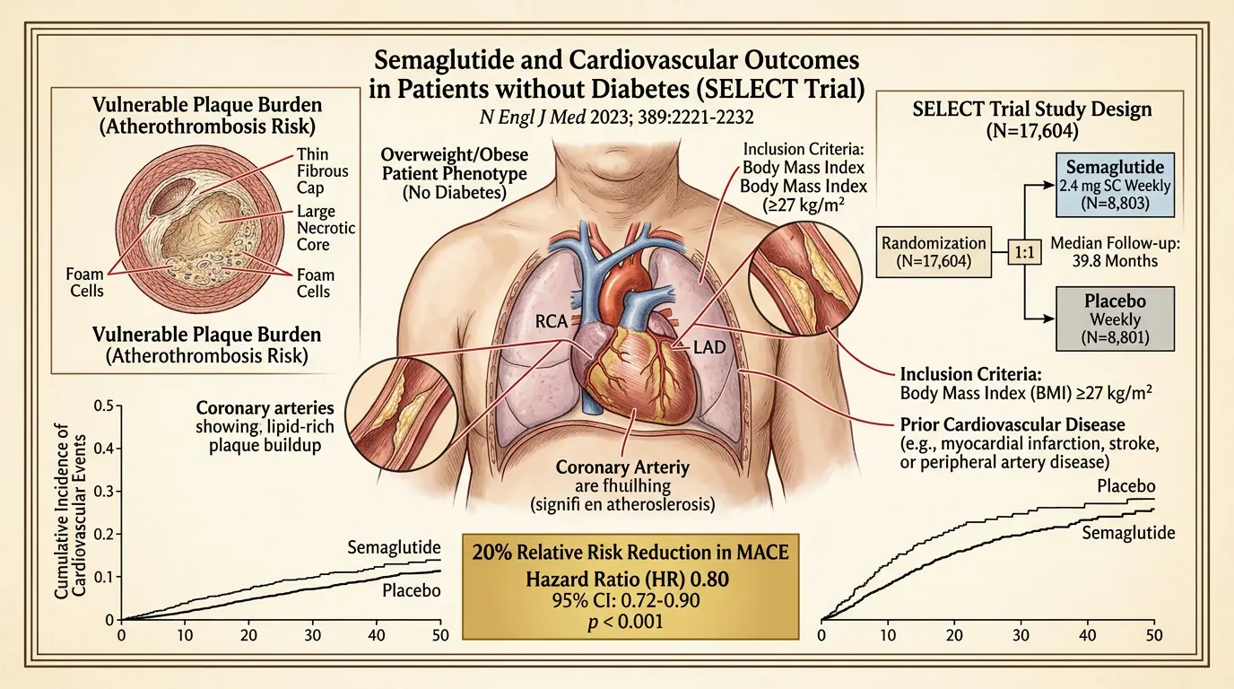SELECT trial design schematic. Illustration showing Semaglutide 2.4 mg in overweight/obesity without diabetes — CV primary endpoint.