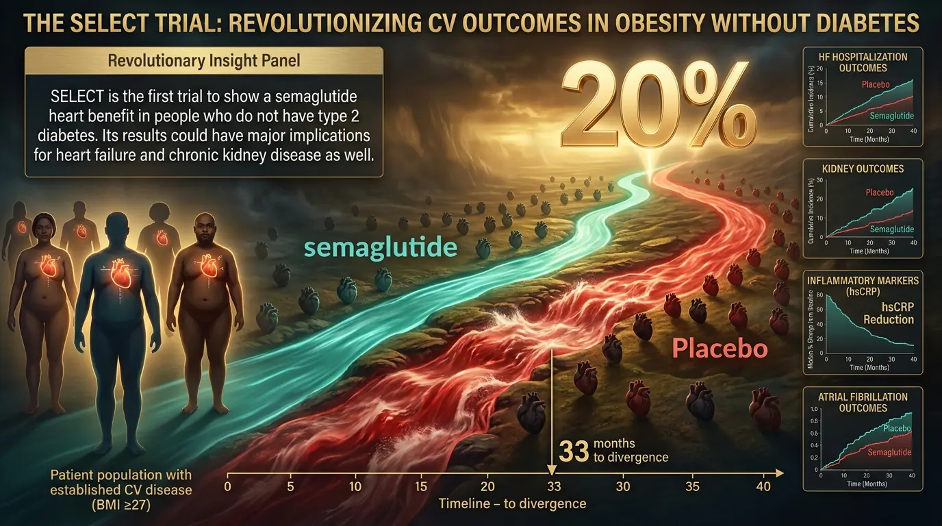 SELECT — cardiovascular efficacy visualisation. Illustration showing Primary and secondary CV endpoints in non-diabetic obesity.