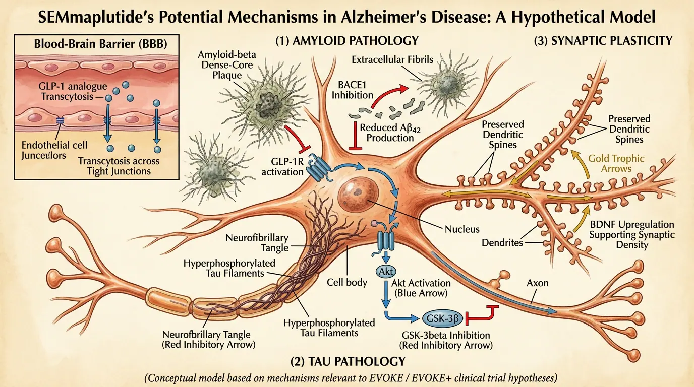 Neurodegeneration — exploratory semaglutide data. Illustration showing EVOKE/EVOKE+ Phase 3 studying semaglutide in early Alzheimer disease.