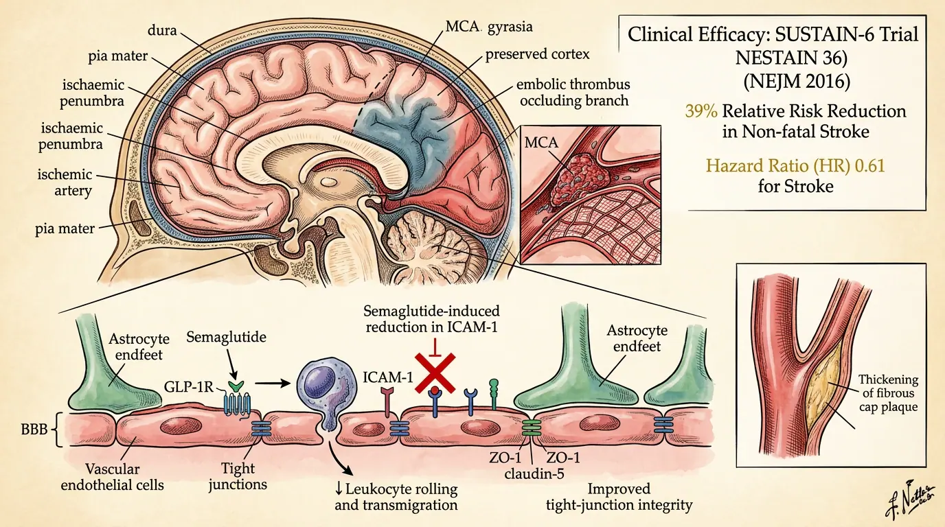 Stroke risk reduction. Illustration showing Cerebrovascular endpoints in GLP-1 CVOTs.