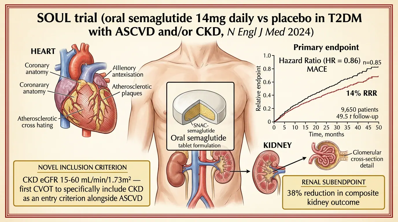 SOUL trial context — oral semaglutide CV in T2DM. Illustration showing Oral semaglutide cardiovascular outcomes extension of PIONEER evidence.