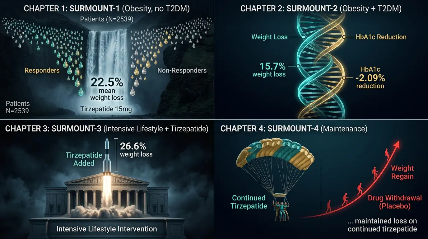 SURMOUNT programme — tirzepatide obesity trials. Illustration showing SURMOUNT-1 to -5 establish tirzepatide as most effective licensed anti-obesity injectable.