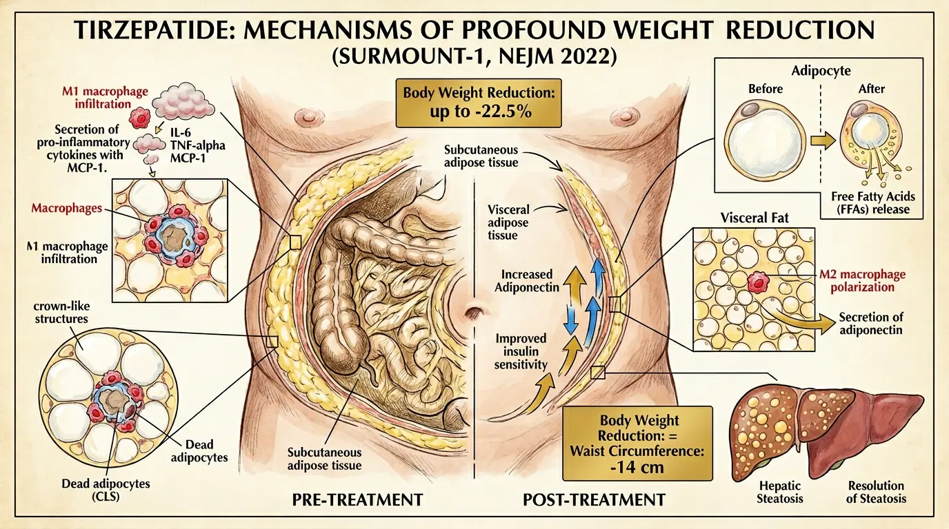 Tirzepatide weight reduction profile. Illustration showing Dose-dependent weight loss kinetics in SURMOUNT-1.
