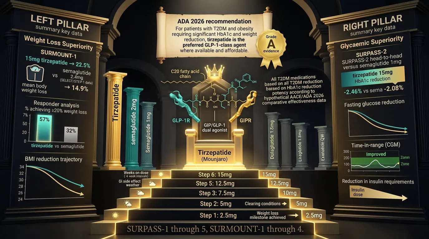 Clinical positioning of GLP-1 RAs. Illustration showing Where GLP-1 fits among metformin, SGLT2i, insulin, and lifestyle.