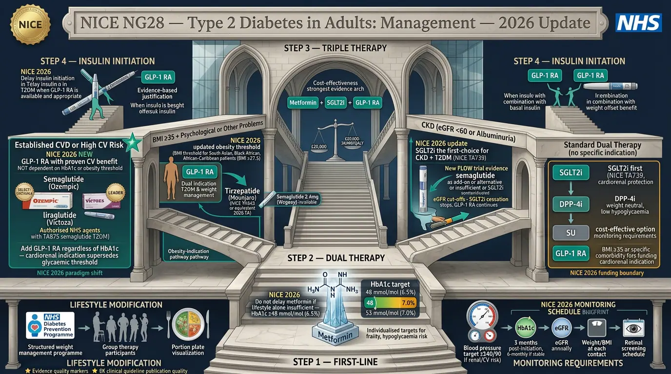 NICE NG28 (February 2026) — T2DM management. Illustration showing UK primary reference for GLP-1 RA prescribing in type 2 diabetes.