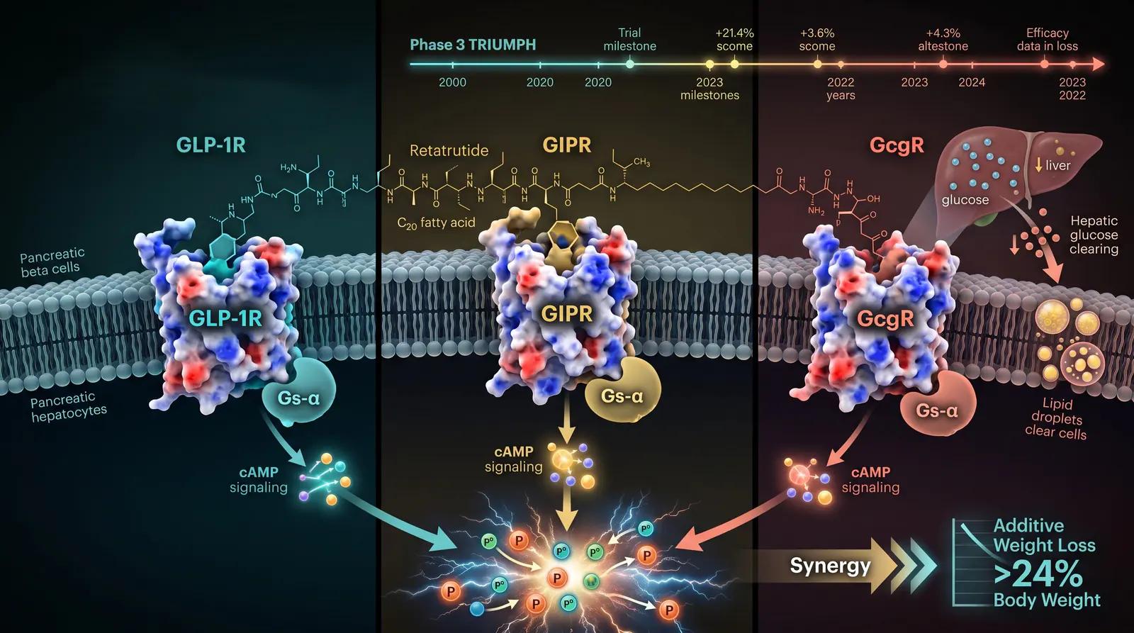 Receptor triptych — GLP-1R, GIPR, and GcgR. Illustration showing The expanding target landscape from selective GLP-1R agonism to multi-incretin and triple agonists.
