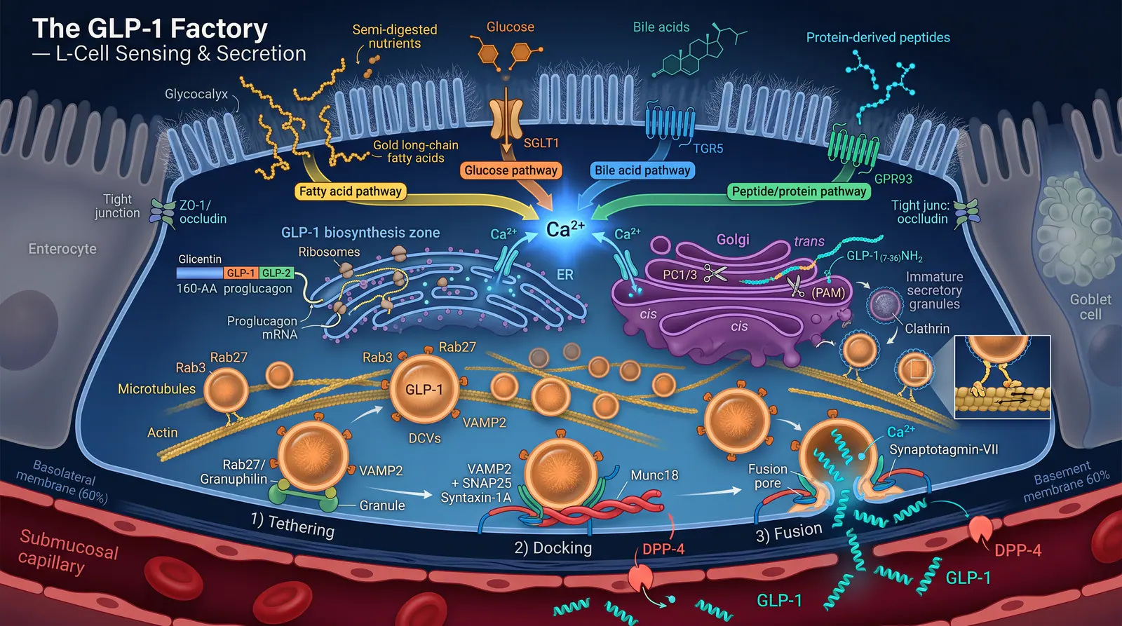 The GLP-1 factory — L-cell sensing and secretion. Illustration showing Nutrient sensing at the intestinal L-cell drives proglucagon processing and vesicular GLP-1 release.