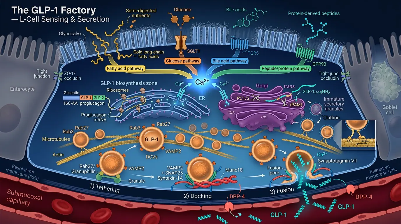 Cellular signalling network I. Illustration showing Second-messenger integration downstream of GLP-1R.