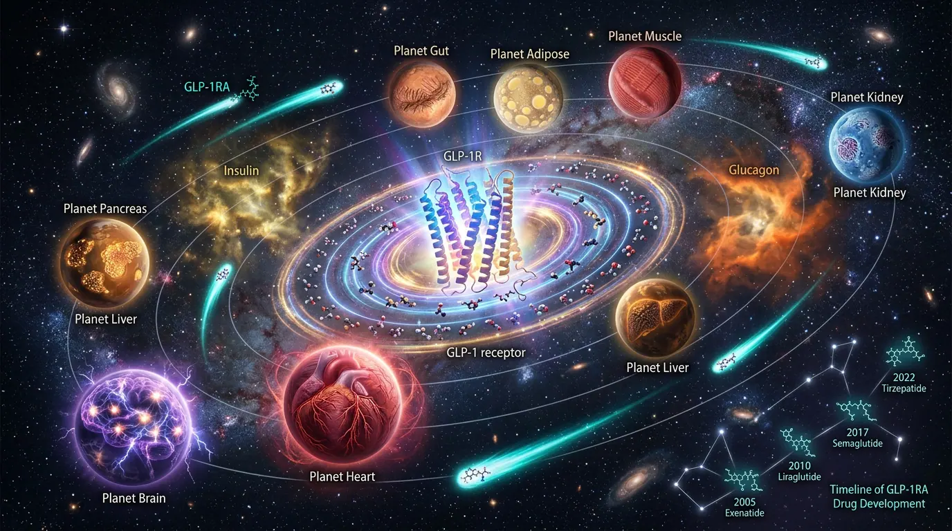 GLP-1-centric metabolic universe. Illustration showing Conceptual map of GLP-1 physiology and therapeutics.