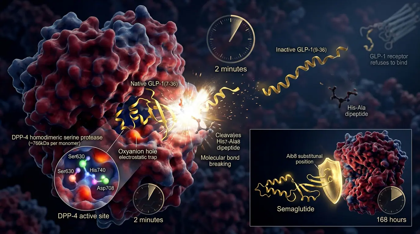 DPP-4 degradation of active GLP-1. Illustration showing Dipeptidyl peptidase-4 cleaves the N-terminal dipeptide, terminating biological activity.