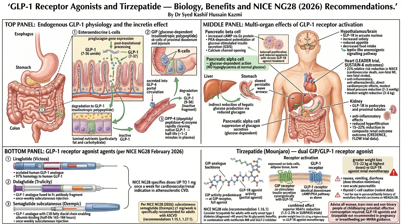 Integrated GLP-1 biology overview. Illustration showing From gene expression to receptor-mediated effects across metabolic tissues.