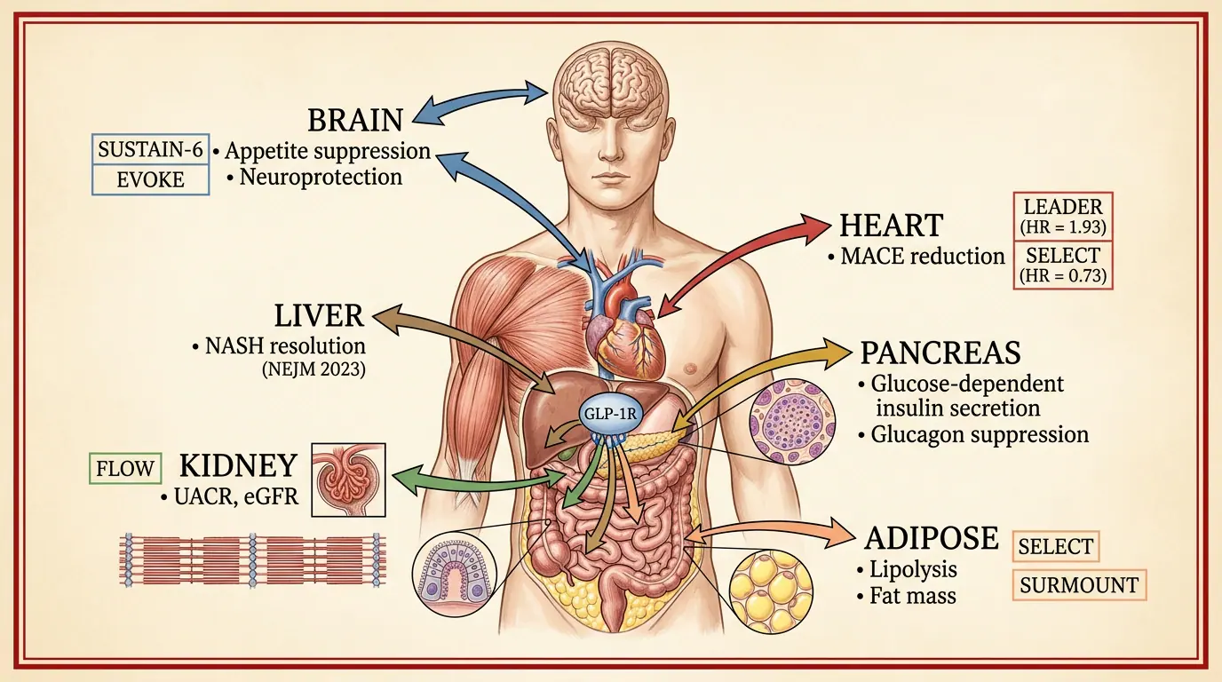 Multi-organ effects of GLP-1 receptor activation. Illustration showing Systemic actions beyond glycaemia — GI, CNS, cardiovascular, and renal.
