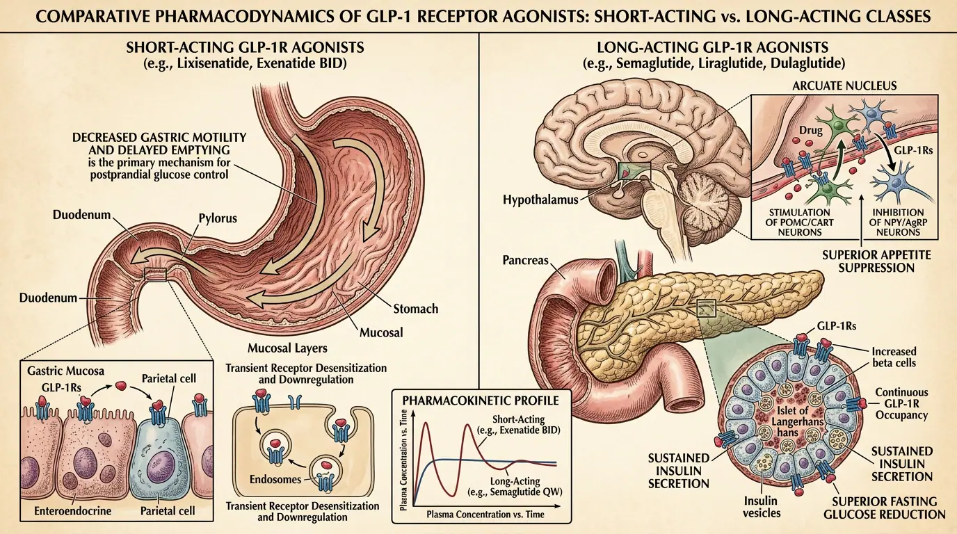GLP-1 RA pharmacodynamics overview. Illustration showing Dose–response relationships for glycaemic, weight, and GI effects.