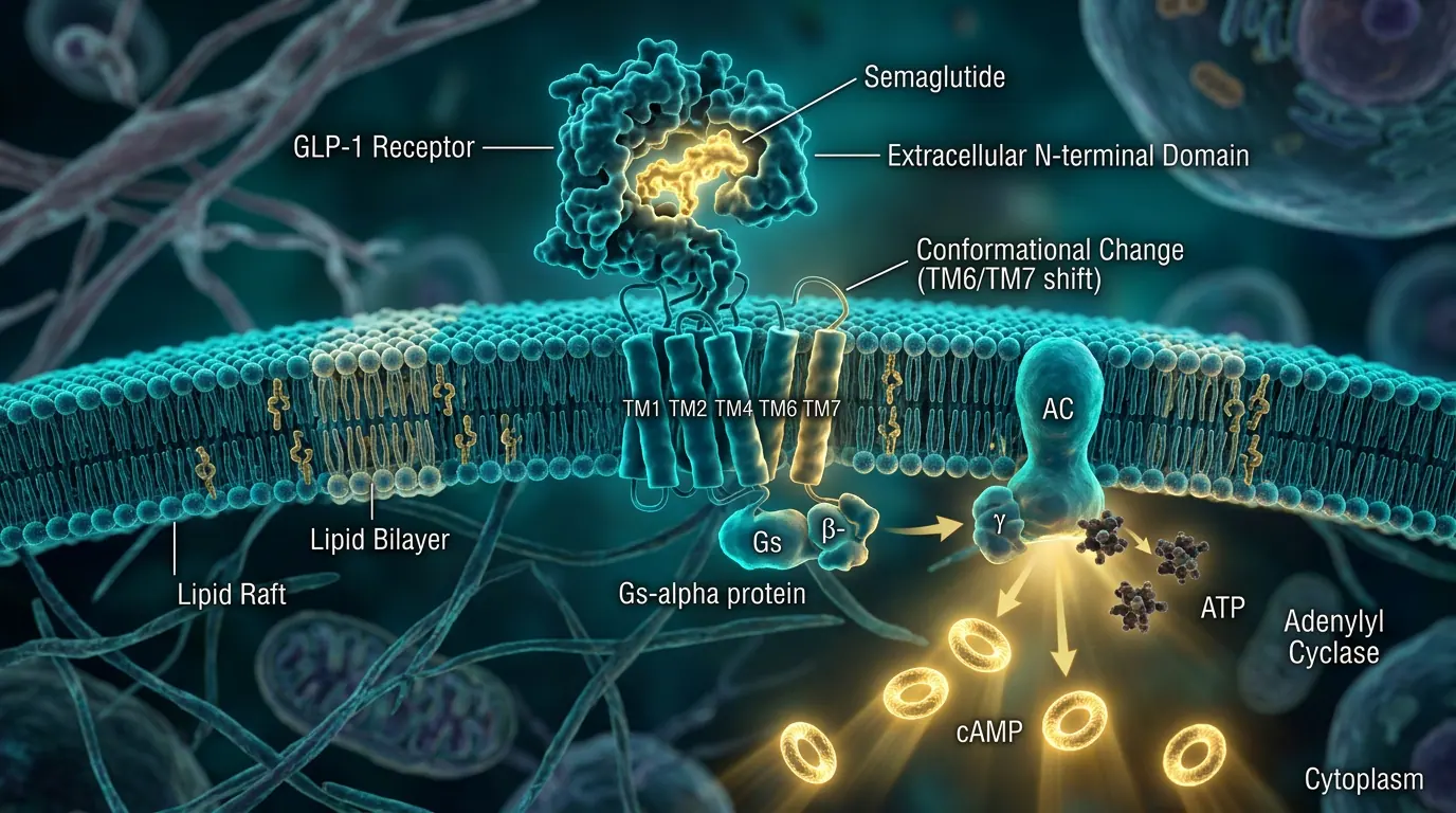 GLP-1R activation on the β-cell. Illustration showing Ligand binding stabilises active conformation and Gαs coupling.