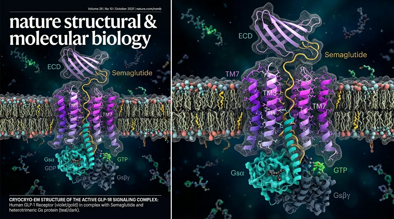 GLP-1 receptor structure (Class B GPCR). Illustration showing Large N-terminal extracellular domain binds peptide; seven TM helices couple to Gαs.