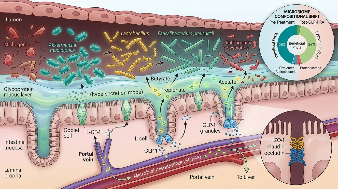 Gut–brain axis and microbiome interactions. Illustration showing Emerging links between gut ecology, L-cell function, and GLP-1 secretion.