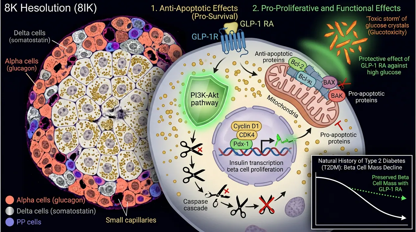 Islet of Langerhans architecture. Illustration showing Paracrine cross-talk between α, β, δ, and PP cells coordinates hormone output.