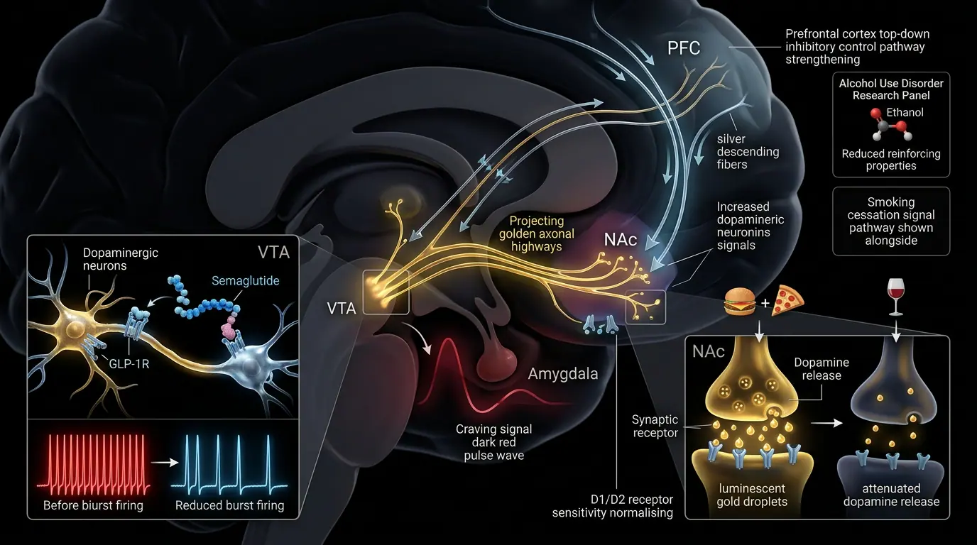 Central appetite regulation — mesolimbic pathways. Illustration showing GLP-1R in hypothalamus and reward circuits reduces food reward and intake.