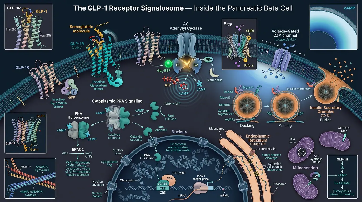 Pancreatic β-cell in metabolic context. Illustration showing Central role in glucose sensing and incretin amplification.