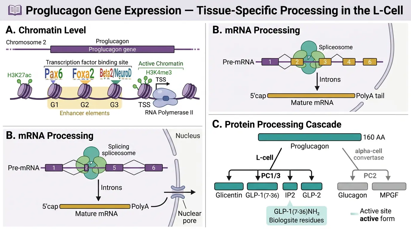 Proglucagon processing in the L-cell. Illustration showing Tissue-specific prohormone convertase expression determines peptide products.