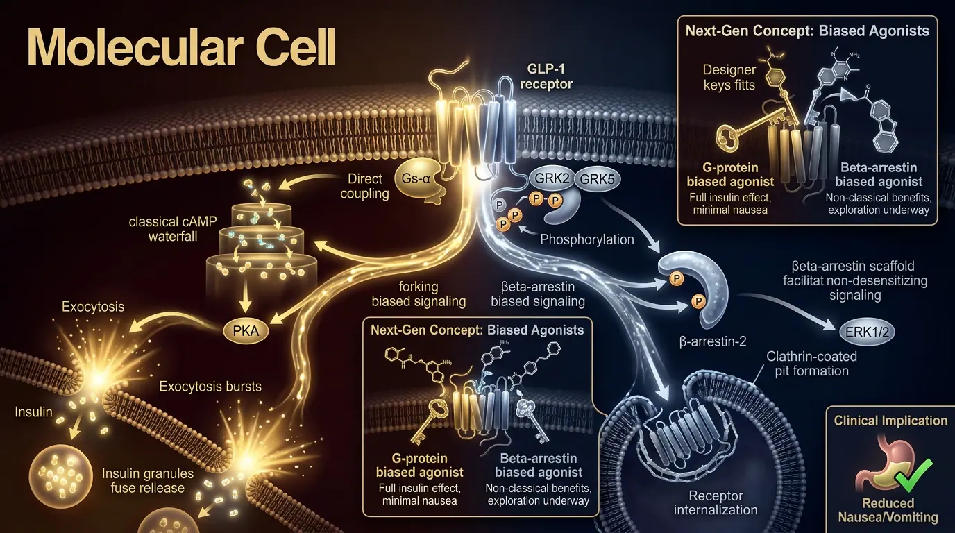 Signalling bifurcation — PKA vs EPAC2. Illustration showing Parallel cAMP effector pathways control distinct steps in insulin secretion.