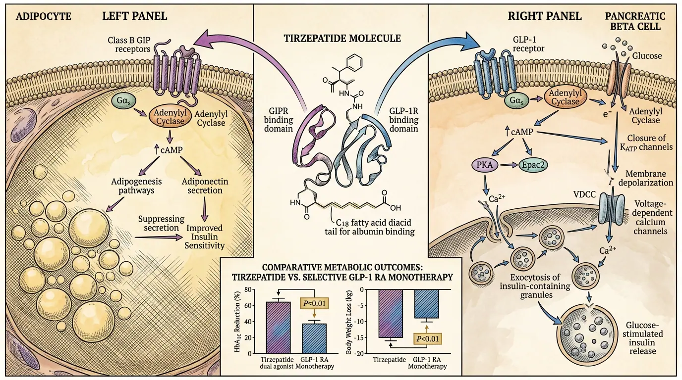 Tirzepatide dual GIP/GLP-1 agonism. Illustration showing Co-agonism at GIPR and GLP-1R drives superior weight and HbA1c outcomes in SURPASS/SURMOUNT.