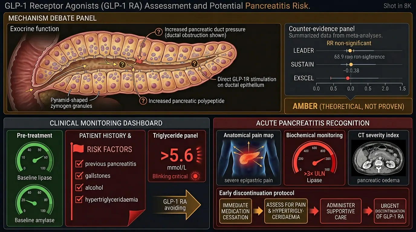 Pancreatitis risk. Illustration showing Avoid in unexplained abdominal pain; discontinue if pancreatitis confirmed.