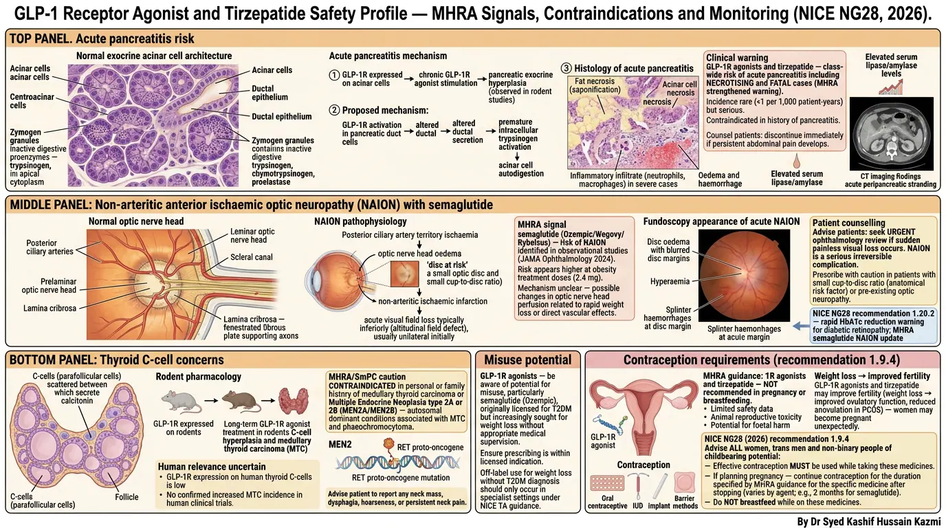 GLP-1 RA safety profile overview. Illustration showing GI effects dominate; serious risks are uncommon but critical to recognise.