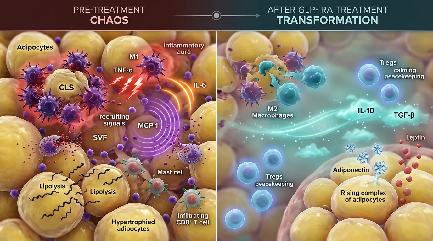 Adipose tissue biology. Illustration showing White vs brown adipose and GLP-1 effects on lipolysis.