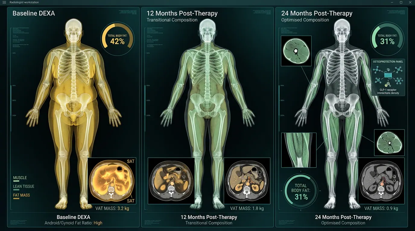 Body composition — DXA context. Illustration showing Monitoring lean mass during substantial weight loss.
