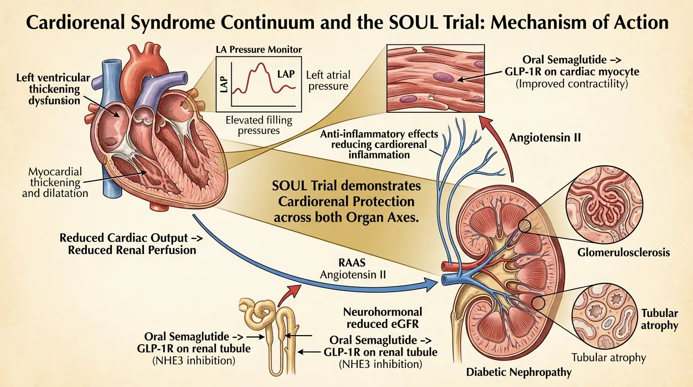 Cardiorenal metabolic syndrome. Illustration showing Intersection of HF, CKD, and diabetes — combination therapy zone.