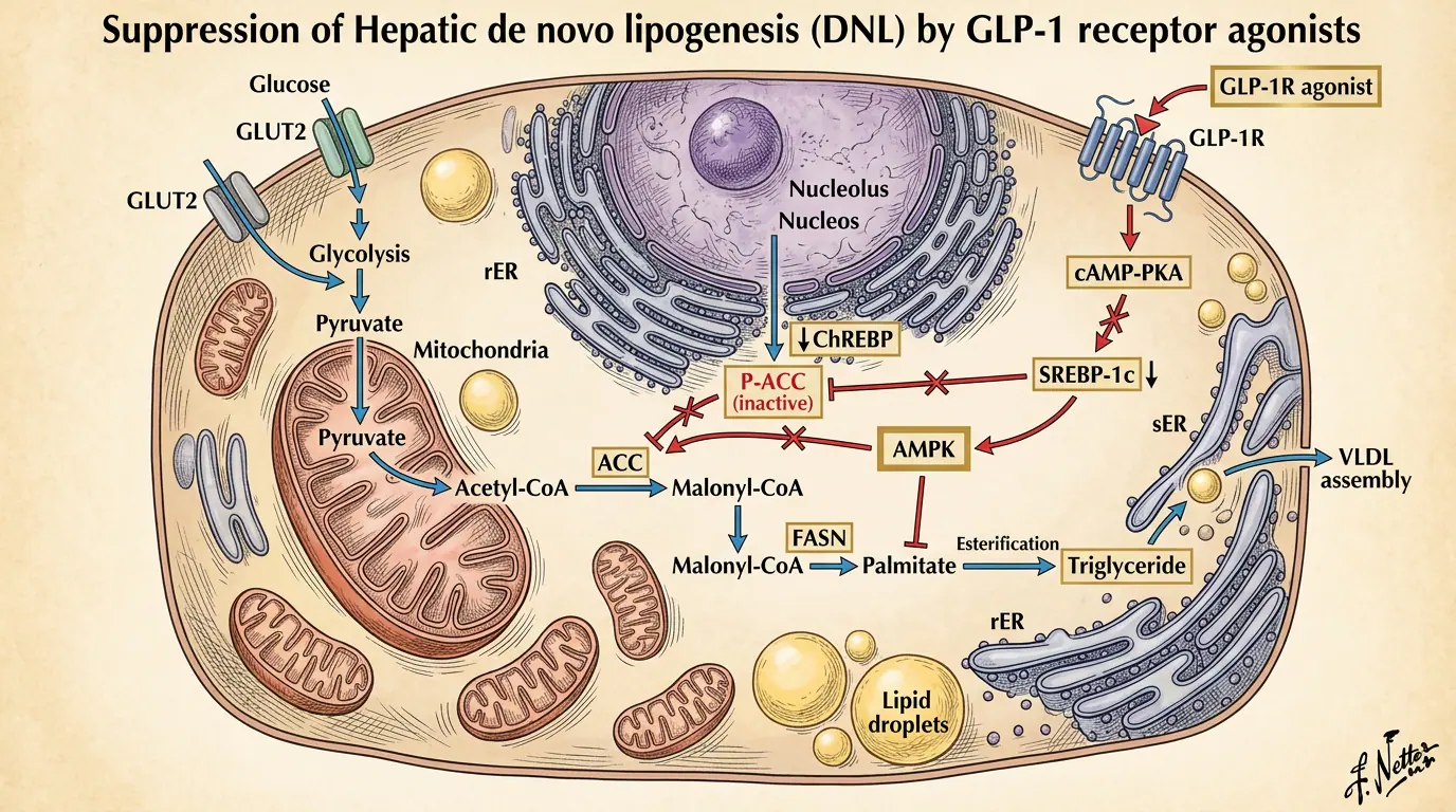 Hepatic lipogenesis & MASH. Illustration showing GLP-1 RAs reduce steatosis in MASH trials.